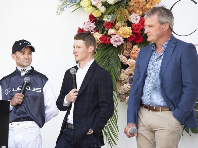 Corey Brown, James McDonald and Darren Weir at the launch event of the 2018 Melbourne Cup Carnival. Picture: AAP