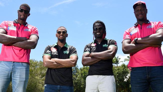 GOLD COAST, AUSTRALIA - NewsWire Photos DECEMBER 23 2020: Sixers players Carlos Brathwaite (L) and Jason Holder (R) with Nicholas Pooran (second left) and Andre Fletcher at a media opp on the Gold Coast. Picture: NCA NewsWire / Steve Holland