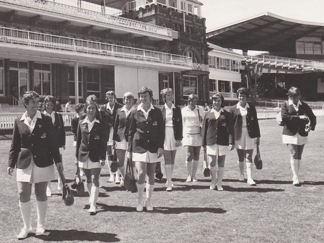 Miriam Knee (front, far left) leads her team on to Lord's Cricket Ground in London ahead of the first women's World Cup.