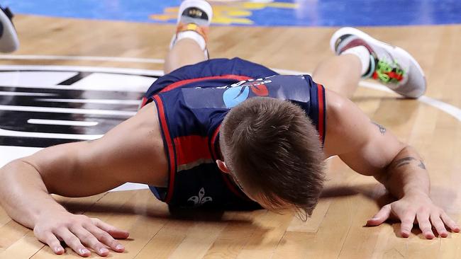 Adelaide 36ers guard Nathan Sobey falls to the floor. Picture SARAH REED