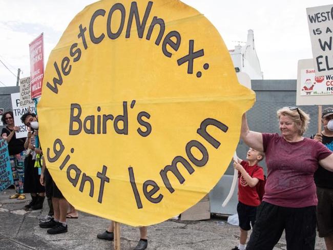 Anti-WestConnex protesters outside the St Peters Interchange construction site just prior to tunnelling work starting on the New M5 stage of the motorway.