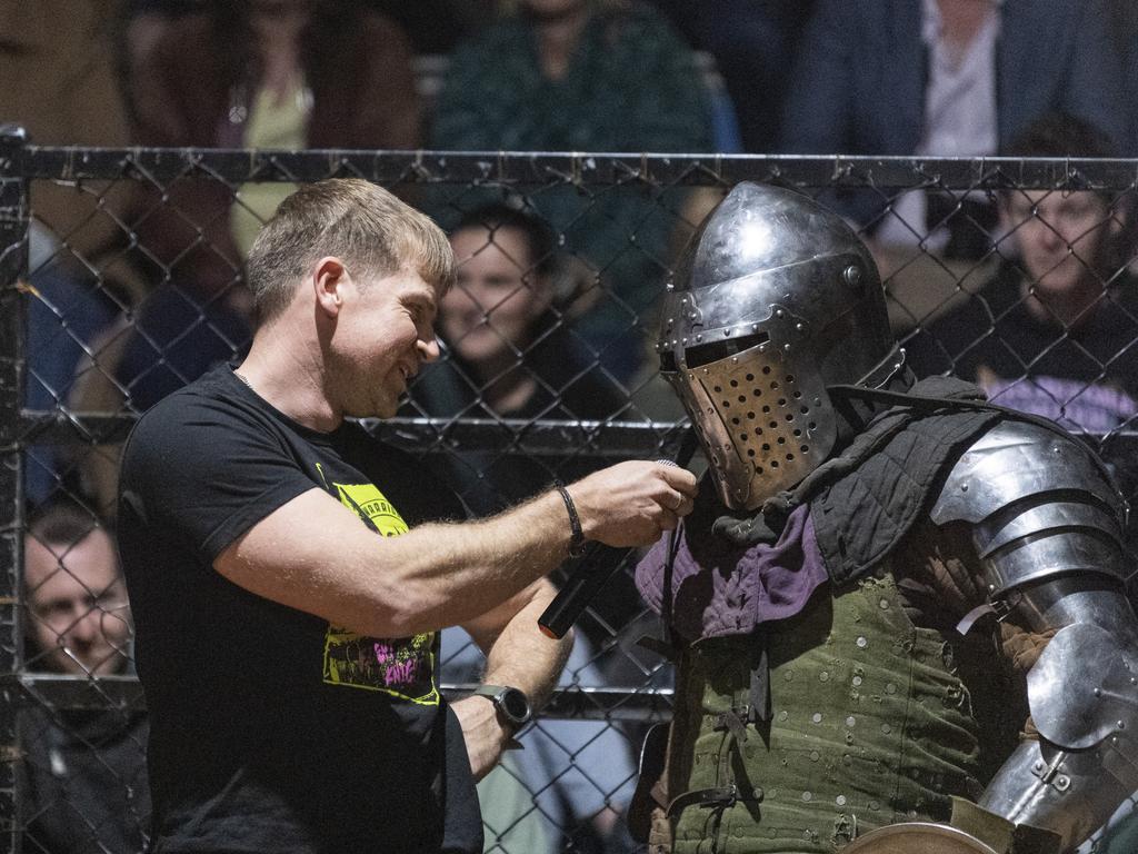 Fight Knight MC Kyle Weblin interviews Matt Perrin of Tyr's Warriors. Picture: Kevin Farmer