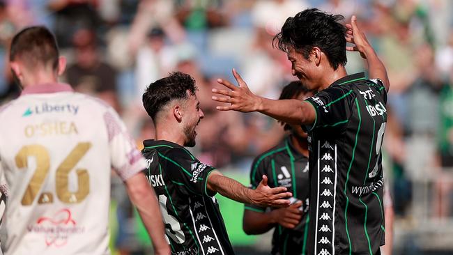 MELBOURNE, AUSTRALIA - DECEMBER 29: Hiroshi Ibusuki of Western United celebrates scoring a penalty goal during the round 10 A-League Men match between Western United and Brisbane Roar at Ironbark Fields, on December 29, 2024, in Melbourne, Australia. (Photo by Kelly Defina/Getty Images)