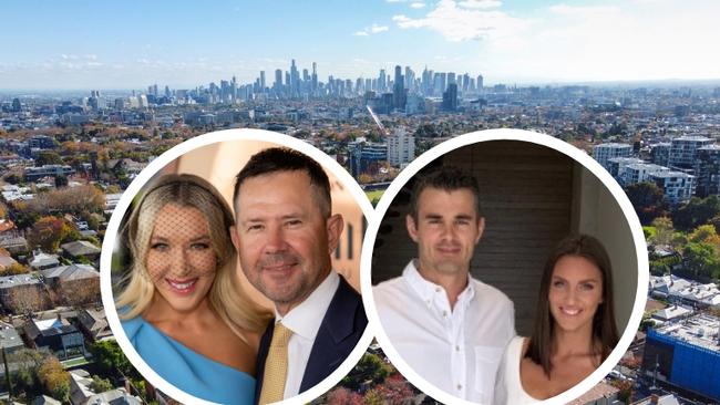 Sports stars Ricky Ponting and wife Rianna (left) and ex-Collingwood player Chris Tarrant and wife Lauren (right) own homes in some of Melbourne’s most expensive streets.