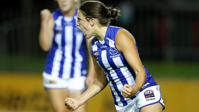 Kangaroo Isabella Eddey celebrates a goal during the Roos incredible clash with Melbourne. Picture: AFL Photos/Getty Images