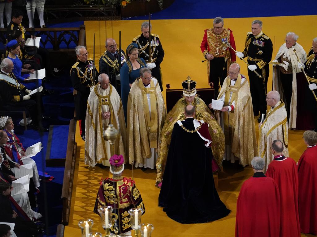 Prince Williams before kissing his father King Charles III during his coronation ceremony. Picture: Getty Images