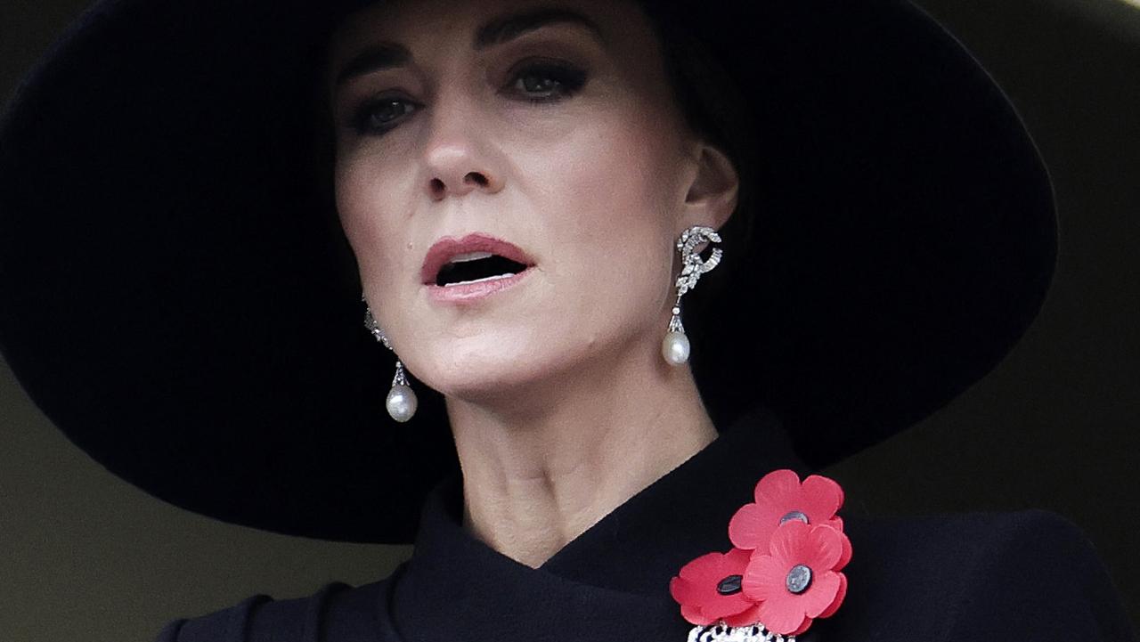 Kate wears the diamond and pearl earrings given to her by the late Queen on Remembrance Sunday. Picture: Chris Jackson / POOL / AFP