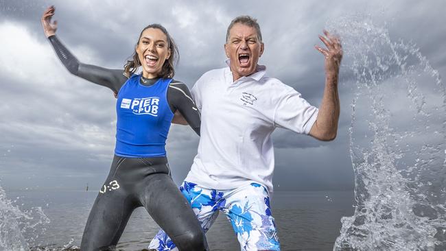 Former Victorian Premier, Ted Baillieu and daughter Eleanor took part in the Lorne Pier to Pub swim earlier this year. Picture: Jake Nowakowski