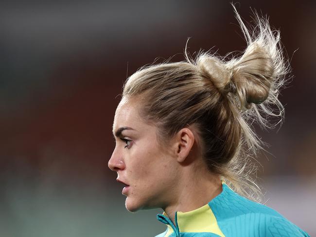 ADELAIDE, AUSTRALIA - MAY 31: Ellie Carpenter of Australia warms up before the international friendly match between Australia Matildas and China PR at Adelaide Oval on May 31, 2024 in Adelaide, Australia. (Photo by Cameron Spencer/Getty Images)