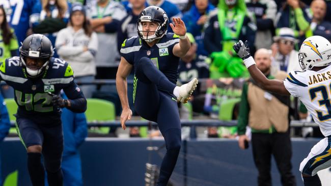 Michael Dickson booms a punt against the Los Angeles Chargers. Picture: Seattle Seahawks