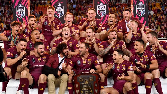 The Queensland Maroons celebrate winning the 2017 State of Origin series. Picture: Darren England/AAP