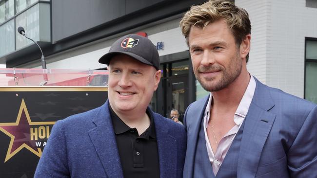 Marvel studios president Kevin Feig with Chris Hemsworth, ‘just a struggling Australian when he was cast as Thor’. Picture: Getty Images.