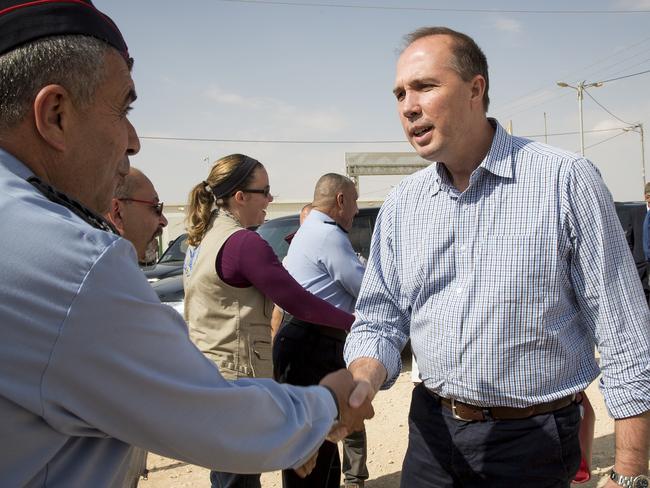 2 Nov 2015 - Visit to Jordan by The Hon Peter Dutton, Minister for Immigration and Border Protection, who will meet prospective new Australian migrants. Peter Dutton meets the director of Zaatari camp Colonel Abdulrahman Al-Amoush. Pic Ella Pellegrini