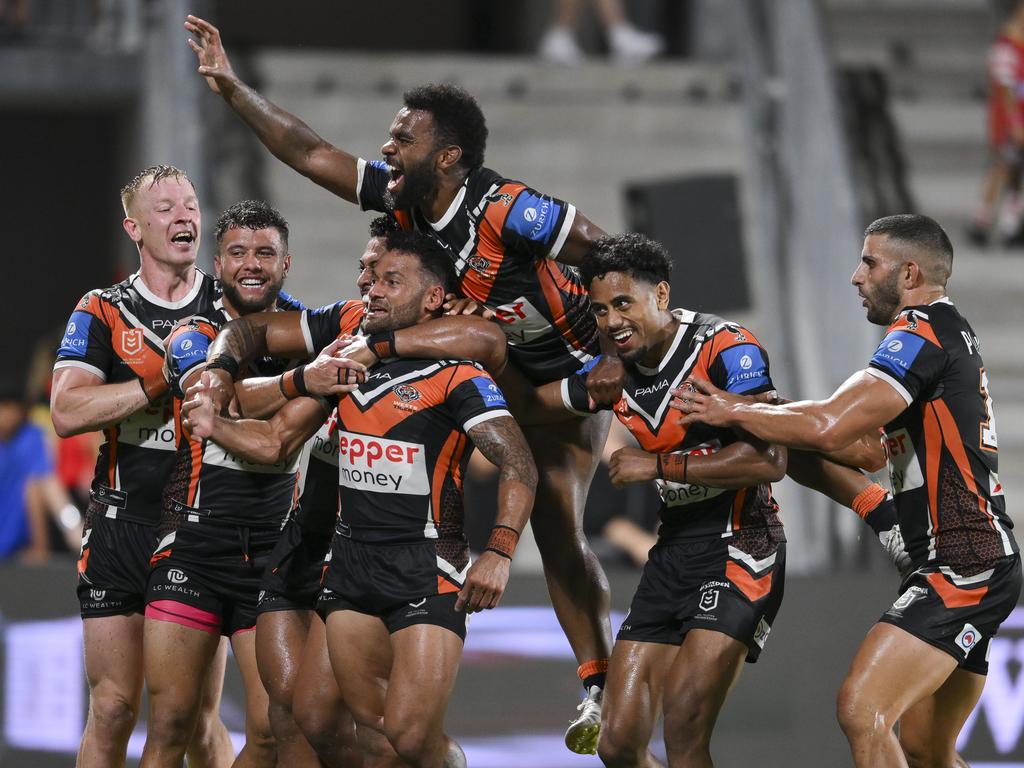 Tigers hooker Api Koroisau stole the show, sealing the match with a late try. Picture: NRL Imagery