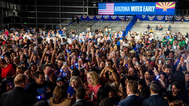 Democratic presidential nominee, Vice President Kamala Harris greets attendees during the conclusion of a campaign rally at the Rawhide Event Center on October 10, in Chandler, Arizona. Picture: AFP