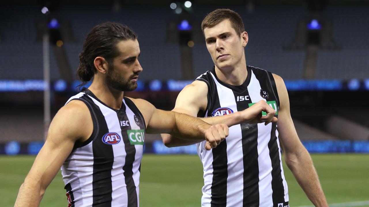 Collingwood duo Brodie Grundy and Mason Cox. Picture: Michael Klein