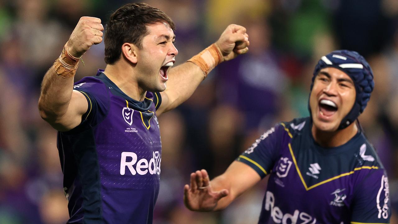 Brandon Smith celebrates after scoring a try for the Storm (Photo by Robert Cianflone/Getty Images)