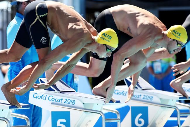 James Magnussen (right) has been banned from using starting blocks in Australian pools. Photo: Getty Images