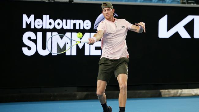 Harry Bourchier of Australia plays a forehand in his Men's Singles first round match against Marc Polmans of Australia during day one of the ATP 250 Murray River Open at Melbourne Park on February 01, 2021 in Melbourne, Australia. (Photo by Jack Thomas/Getty Images)