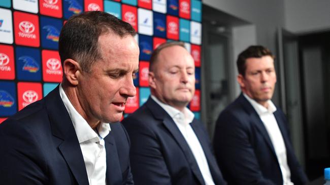 Don Pyke with Crows chairman Rob Chapman and chief executive Andrew Fagan after announcing he was stepping down last month. Picture: AAP Image/David Mariuz