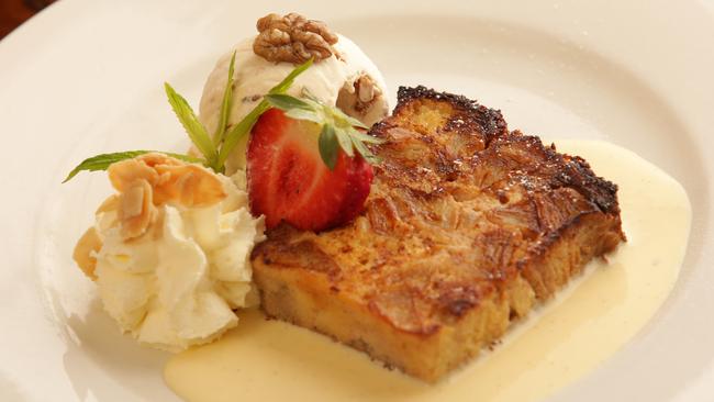 French-style bread and butter pudding with maple and walnut ice cream. Picture: John Fotiadis