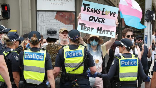 Transgender rights activists protested against the March “Let Women Speak” protest organised by Kellie-Jay Keen and Moira Deeming. Picture: NCA NewsWire / David Crosling