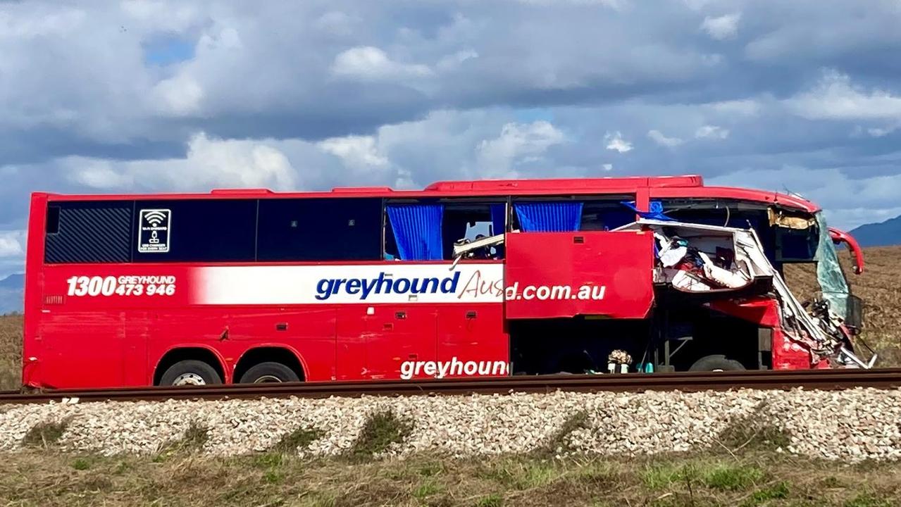 The Greyhound bus was extensively damaged.