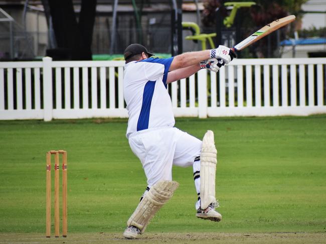 Bob McKenzie hits one of three sixes in his innings of 61 not out off 144 balls to ensure Ulmarra Hotel Tucabia Copmanhurst batted long enough to avoid any chance of losing the rain-affected GDSC Premier League preliminary final against GDSC Easts at Ellem Oval on Saturday, 20th March, 2021.