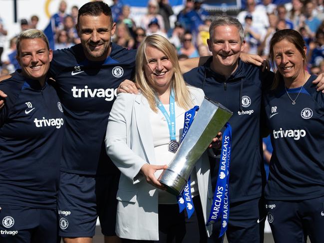 Tanya Oxtoby (left) and the Chelsea coaching staff celebrate the success that Kerr is so important to. Picture: Visionhaus/Getty Images