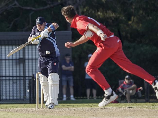 Springvale South paceman Josh Dowling goes at Buckley Ridges batsman Slick Davies. Picture: Valeriu Campan