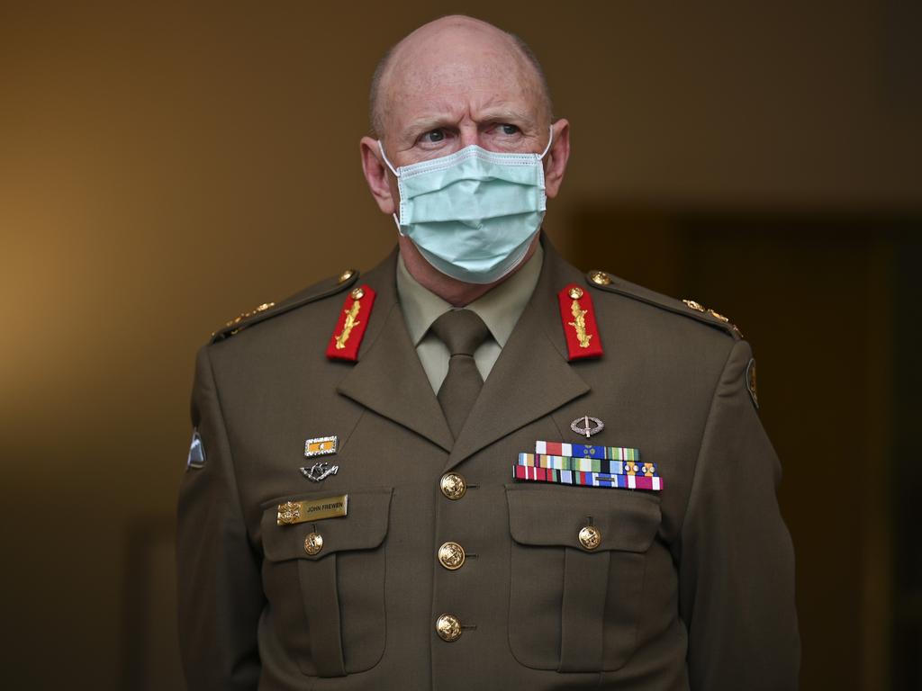 Lieutenant-General John Frewen holds a press conference after the national cabinet meeting at Parliament House. Picture: NCA NewsWire / Martin Ollman