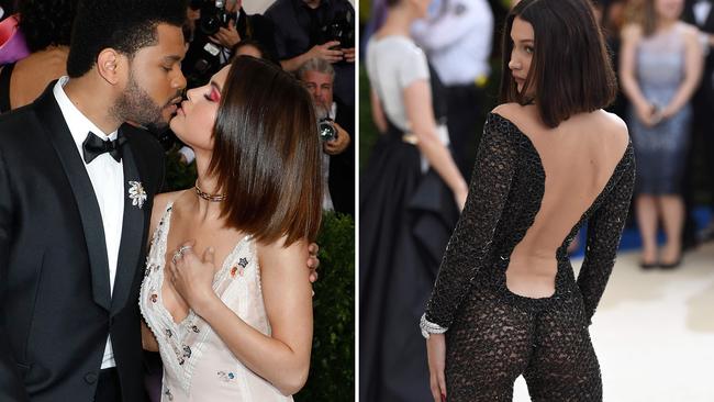 The Weeknd, Selena Gomez and Bella Hadid at the Met Gala. Picture: Getty