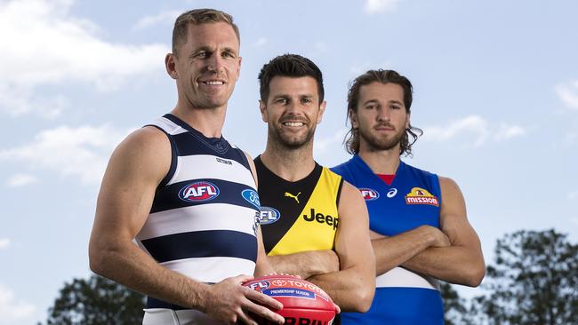 Joel Selwood and Trent Cotchin with Marcus Bontempelli. Picture: Michael Klein