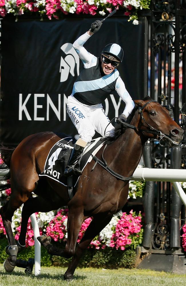 Stephen Baster celebrates as Pinot wins the Kennedy Oaks. Picture: Getty Images