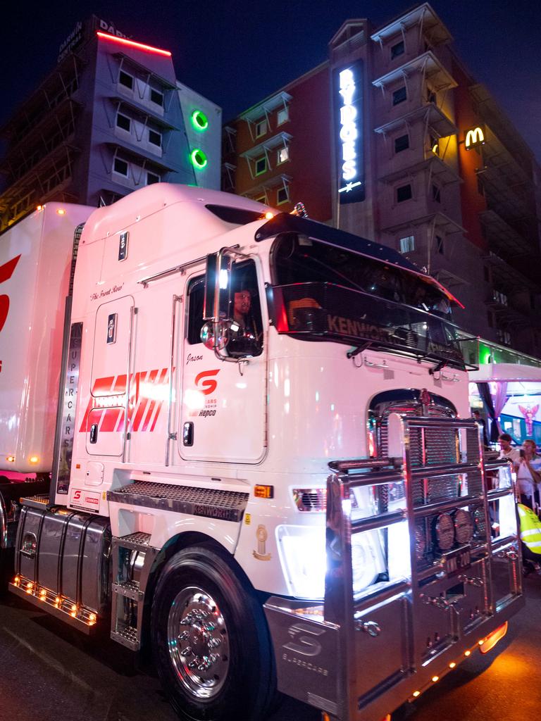 A convoy of trucks arrives in Darwin's CBD to announce the arrival of the Supercars for the round at Hidden Valley Raceway. Picture: Che Chorley