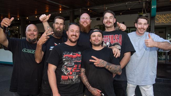 Back: Lionel Powers, Moth Man, Tristhan, Bruce Powers, Damon Storer and Dylan Birss Front: Jimmy Ricard and Daniel Visser as thousands of fans gather to watch the Matildas take on England in the World Cup Semifinal at Darwin Waterfront. Picture: Pema Tamang Pakhrin