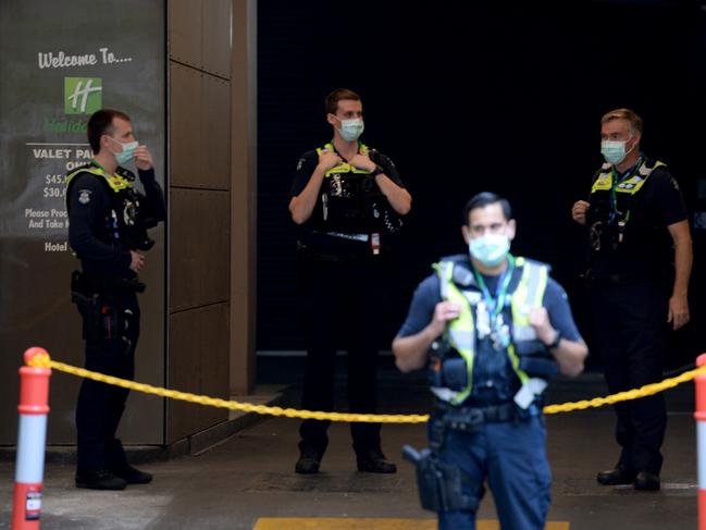 Robots guarding hotel quarantine could relieve police officers from their duties. Picture: Andrew Henshaw/NCA NewsWire