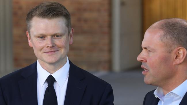 Former special forces captain and barrister Keith Wolahan with Josh Frydenberg on Sunday in Ivanhoe, Melbourne. Picture: NCA NewsWire/ David Crosling