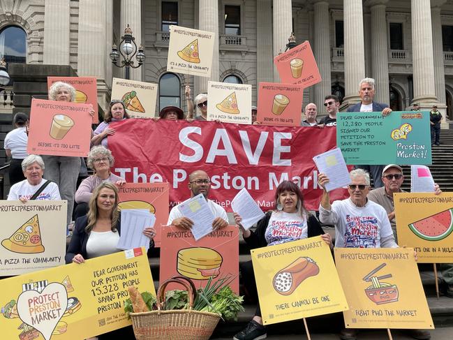 Save Preston Market campaigners on the steps of Victorian Parliament.