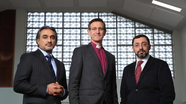 Australian National Imams Council adviser Bilal Rauf, Anglican Bishop of South Sydney Michael Stead and Great Synagogue chief minister Benjamin Elton. Picture:John Feder
