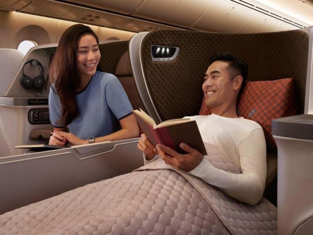 Seats in the business class are padded with Alacantra, luxury synthetic suede-like material used to furnish yachts and sports cars. Picture: Singapore Airlines