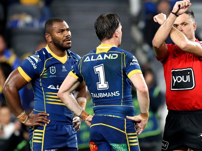 SYDNEY, AUSTRALIA - JULY 16: Maika Sivo of the Eels is placed on report by referee, Chris Butler during the round 20 NRL match between Parramatta Eels and Gold Coast Titans at CommBank Stadium on July 16, 2023 in Sydney, Australia. (Photo by Brendon Thorne/Getty Images)