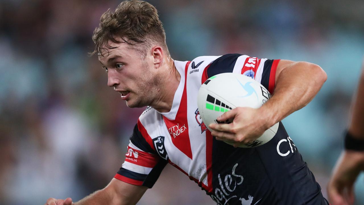 SYDNEY, AUSTRALIA - MARCH 25: Sam Walker of the Roosters runs with the ball during the round three NRL match between the South Sydney Rabbitohs and the Sydney Roosters at Accor Stadium, on March 25, 2022, in Sydney, Australia. (Photo by Matt King/Getty Images)