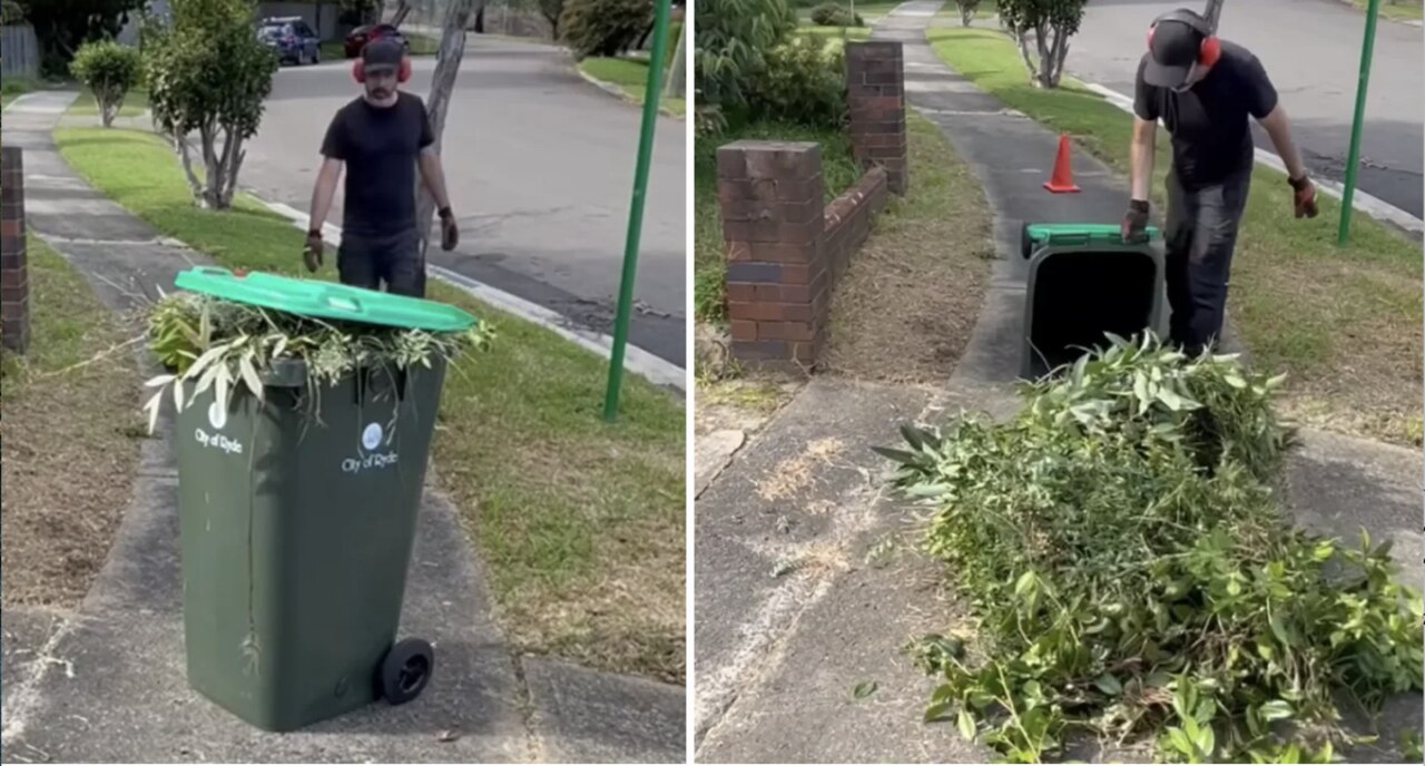 Nathan Stafford, a well-known Sydney gardener ﻿from Nathan’s Lawns and Gardens showing his mower gardening hack. Picture: Instagram/nathanslawnsandgardens