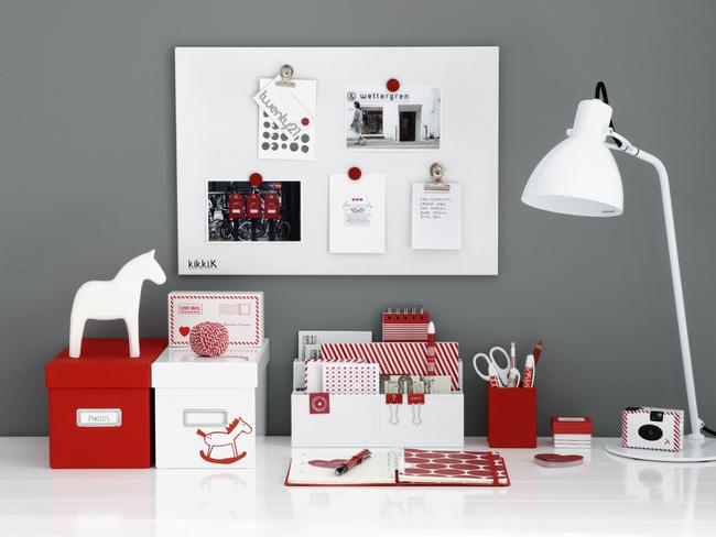 HOME - Decorate - Home office accessories from kikki.K. Storage boxes, $9.95, magnetic board, $49.95, letter holder, $39.95, Conrad lamp, $229.95, pens from $4.95, kikki.K, 132 Rundle Mall, Adelaide 7201 0010, www.kikki-k.com.