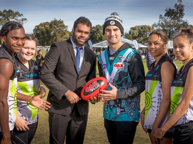 06/06/2018:  Aboriginal Power Cup in South Australia, a three-day carnival has drawn more than 400 indigenous kids from 70 schools to Port AdelaideÕs heartland. (L-R) Phoenix Spicer, Isaiah Brown, Matthew Karpany-Carter and Chad Wingard, Shani Pepperill and Taliesha Clark. PIC: Mark Piovesan