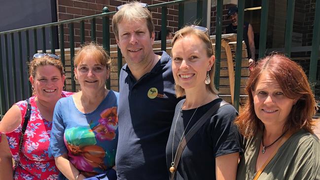 Lorraine Gooden (second from left) with her husband Nick, outside Manly Court House with supporters Michelle Clark (left), Katie Anderson (second from right) and Gitta Johnston. Picture: Jim O'Rourke