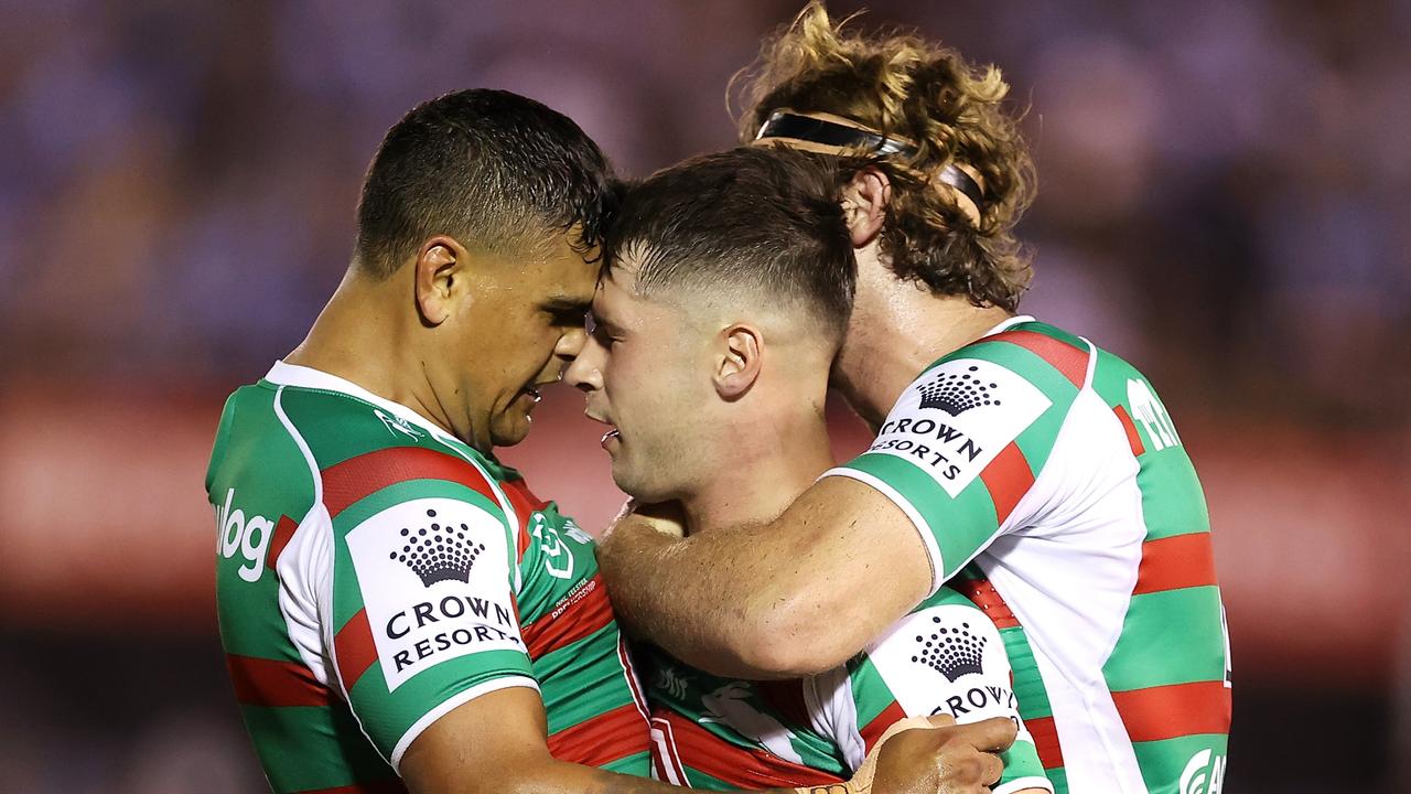 Lachlan Ilias (centre) produced his best game for the Rabbitohs. Picture: Getty