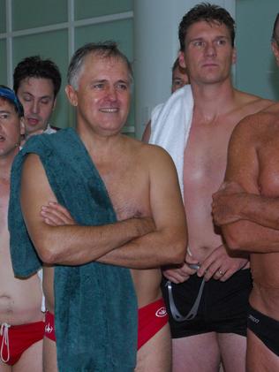 Malcolm Turnbull (l) with Cory Bernardi (c) after Press Gallery vs. Federal politicians swimming relay race at Parliament House pool in Canberra in 2007.