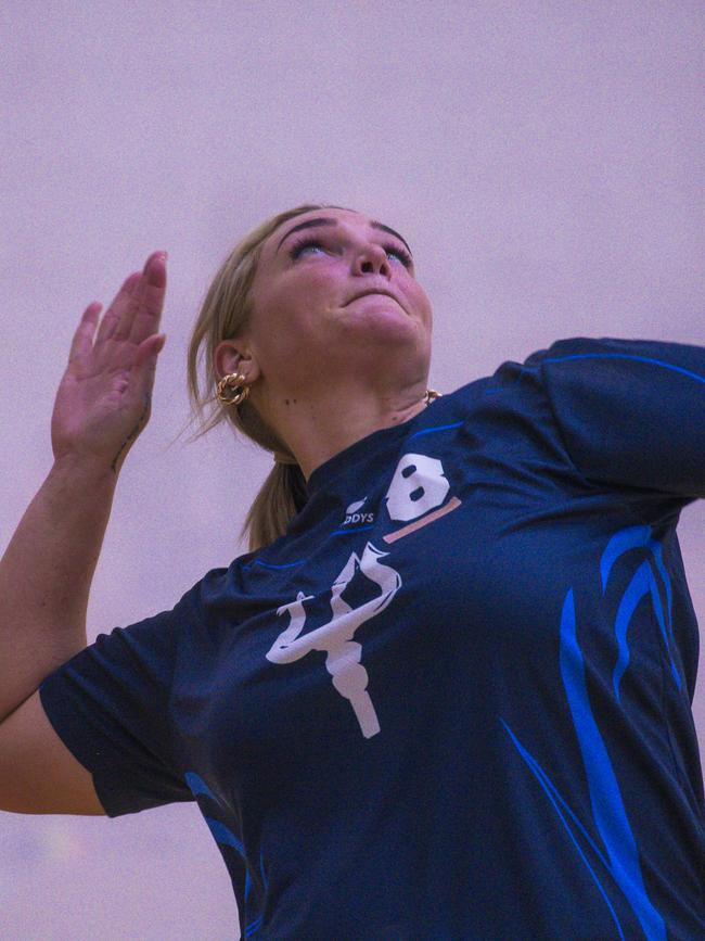 Action as the Ballina Tridents V the Seniorits in the Pan Pacific Masters Games Volletball tournament. Picture: Glenn Campbell
